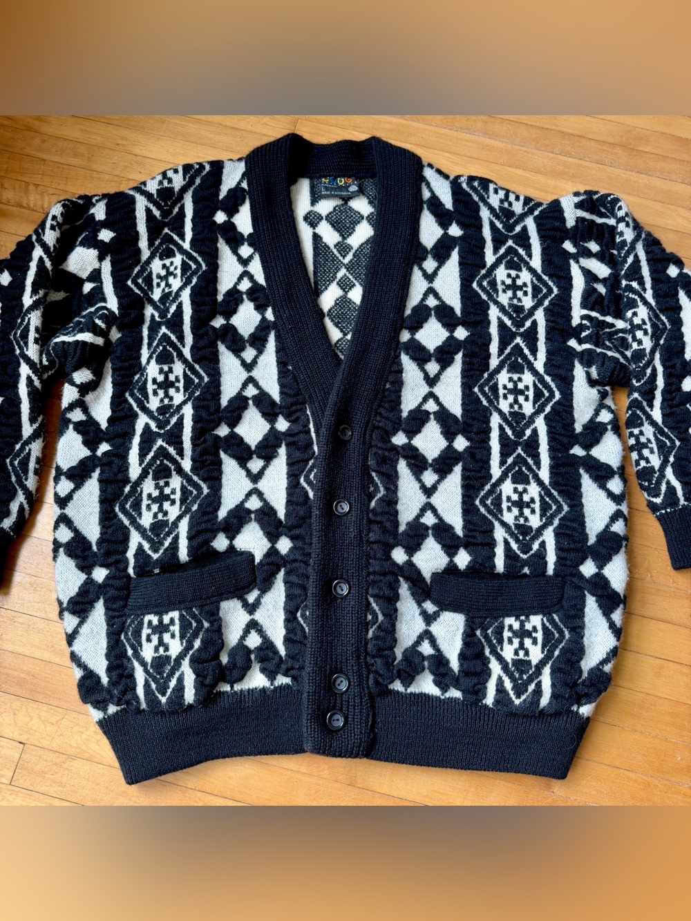 Vintage COOGI Australia Cardigan Black White Knit Button Up Sweater Textured 90s